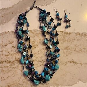 Turquoise and Black Beaded Necklace and Earring Set
